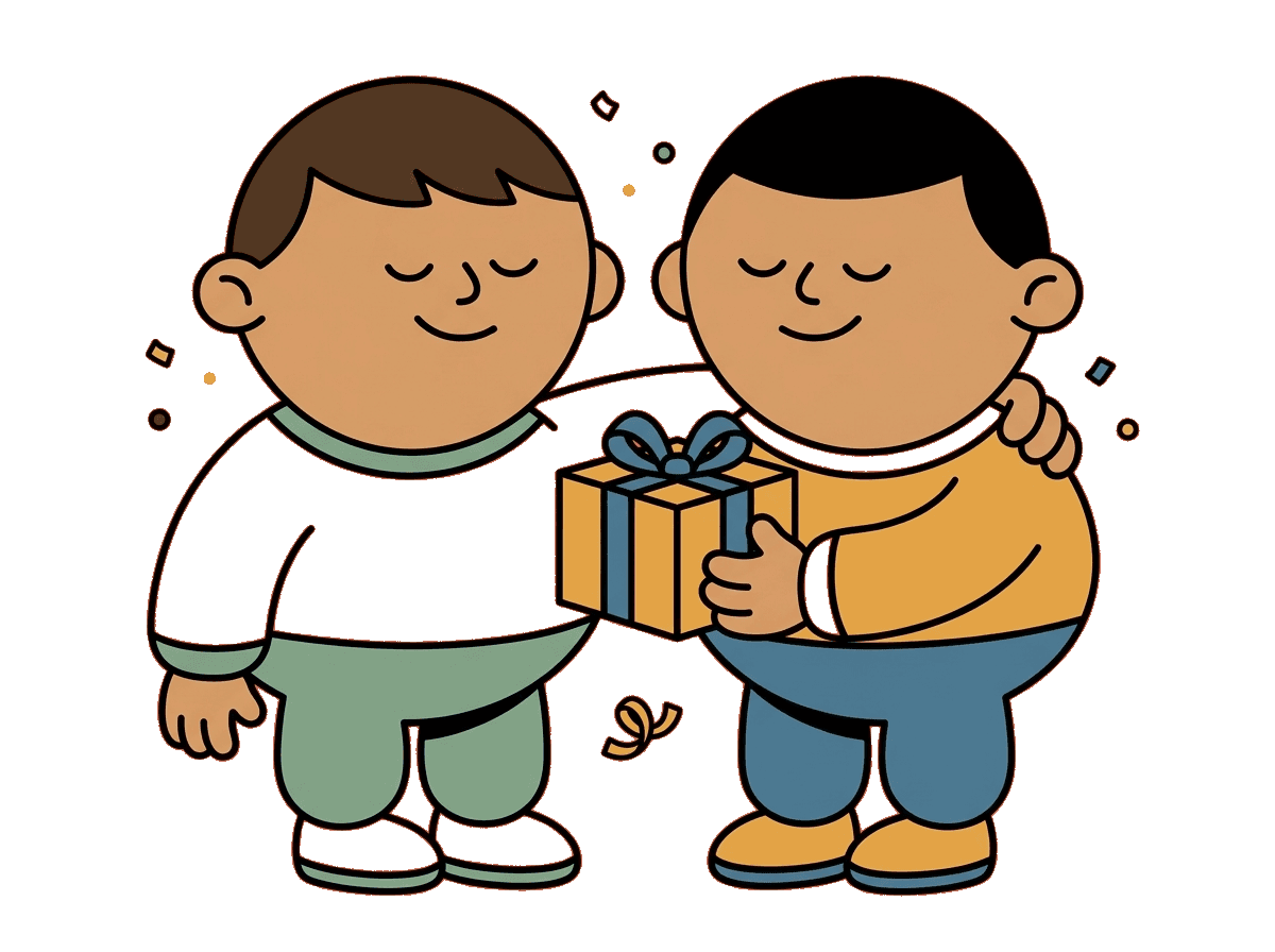 Two illustrated characters, one handing the other a wrapped gift with an arm around their shoulder.