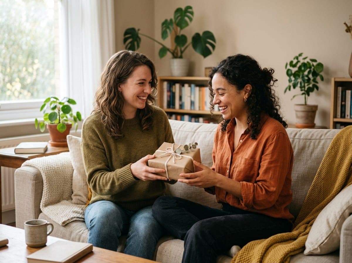 Two friends on a couch, one handing the other a wrapped gift, warm natural light.